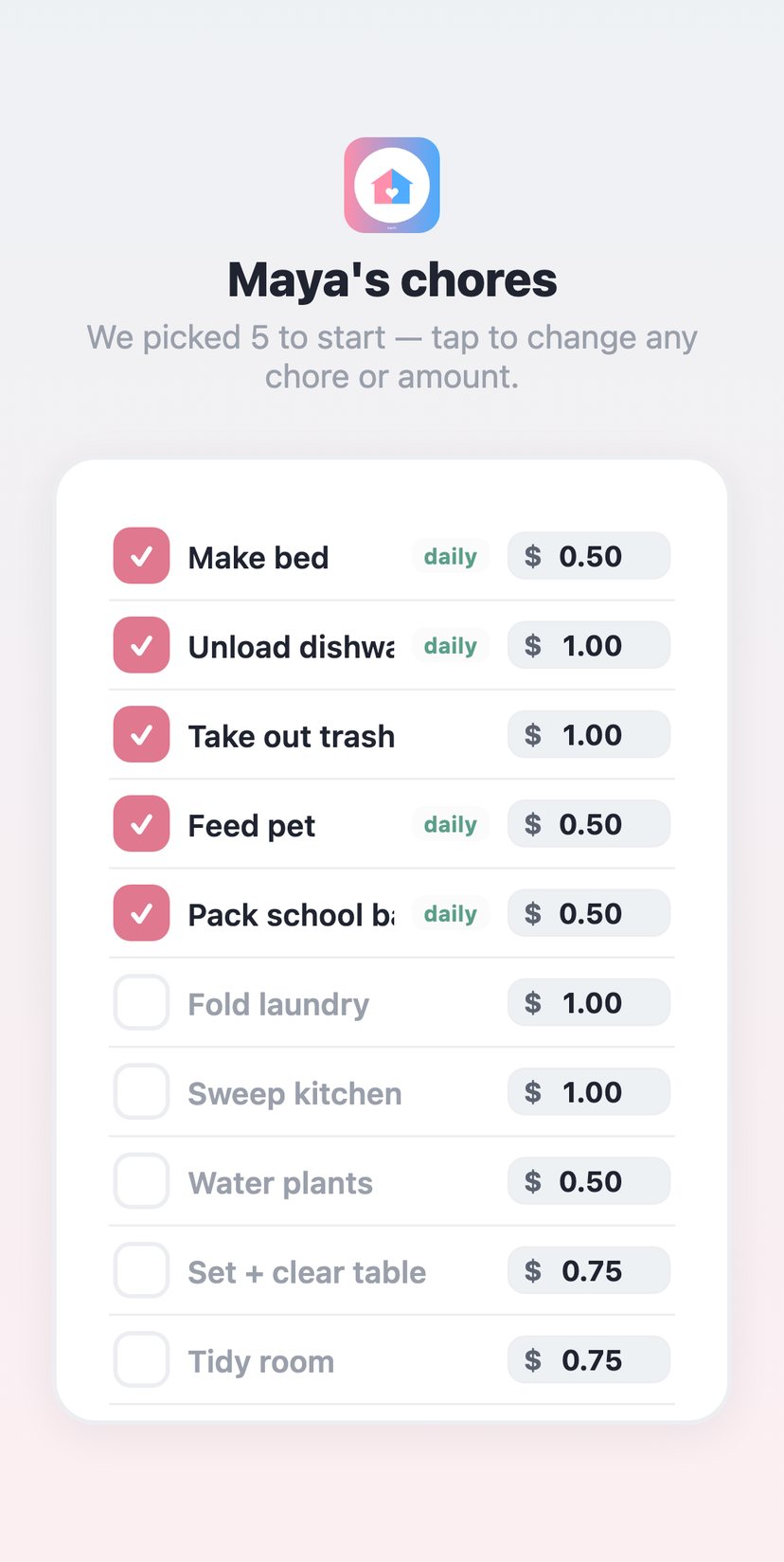 Kids' chores with real dollar values