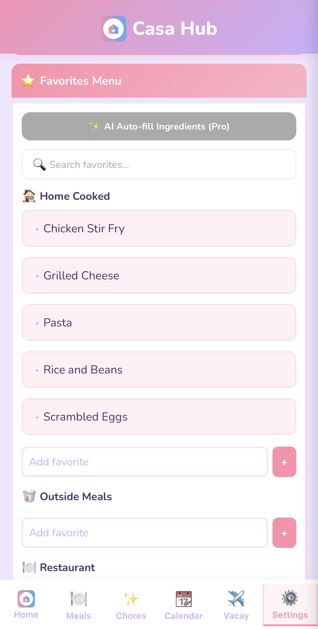 Favorites Menu
